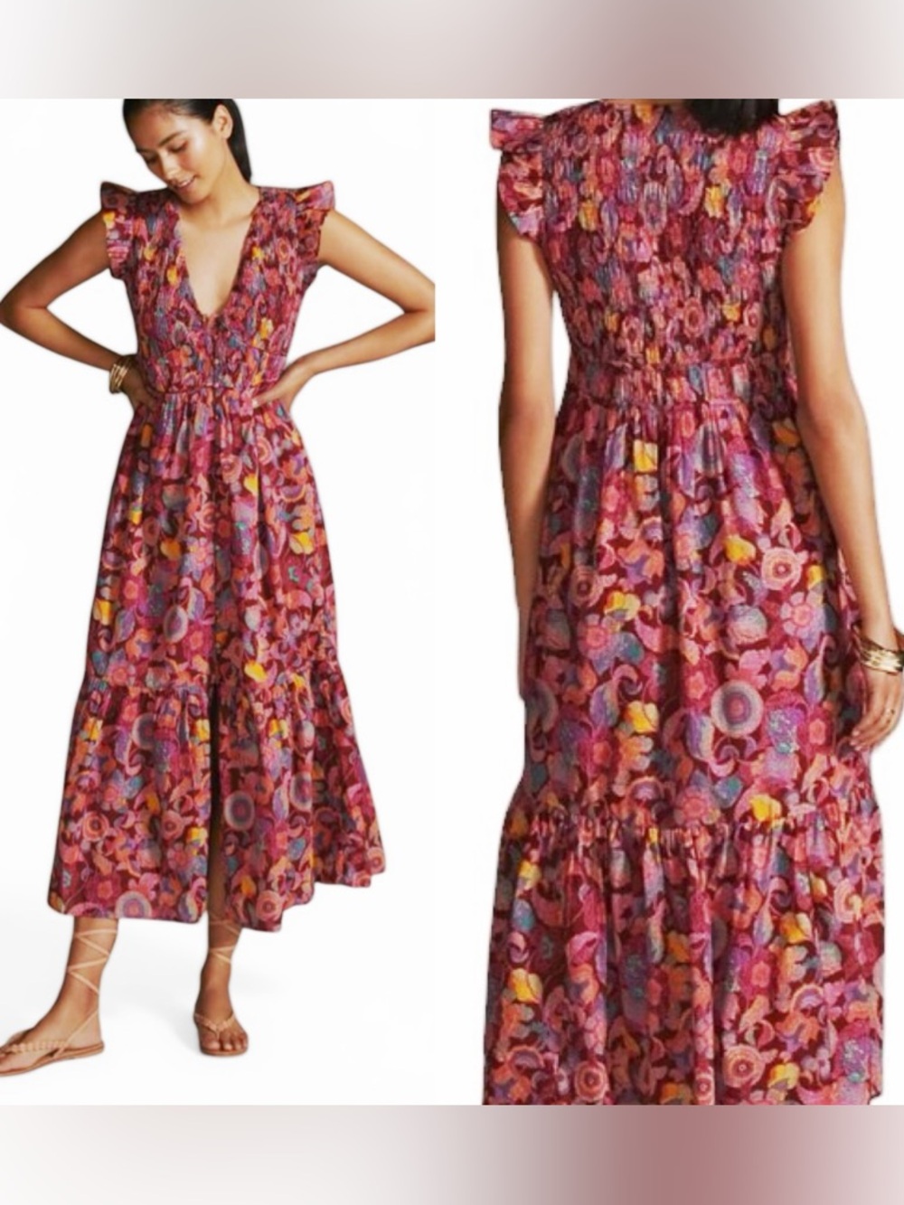 Anthropologie Smocked Floral Cottagecore Romantic Boho Ruffle Midi Dress sz M